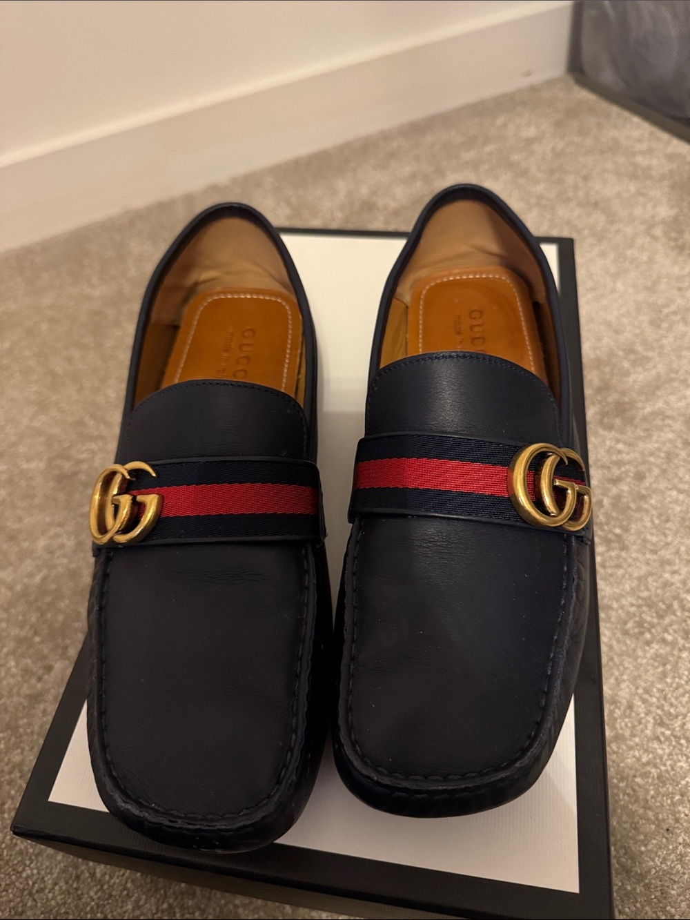 Gucci Black Leather Web-Strip Horsebit Loafers size 8